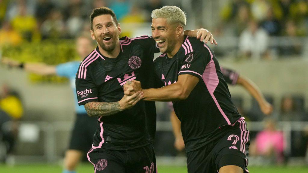 Lionel Messi and Luis Suarez celebrate a goal for Inter Miami