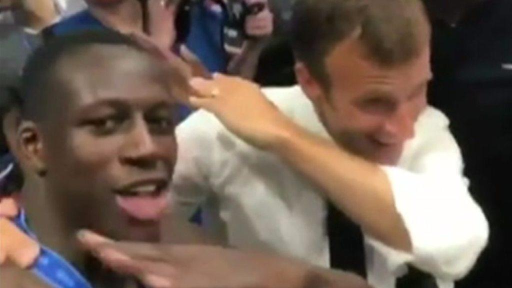 The players and the president were celebrating in the changing room after France's World Cup win.