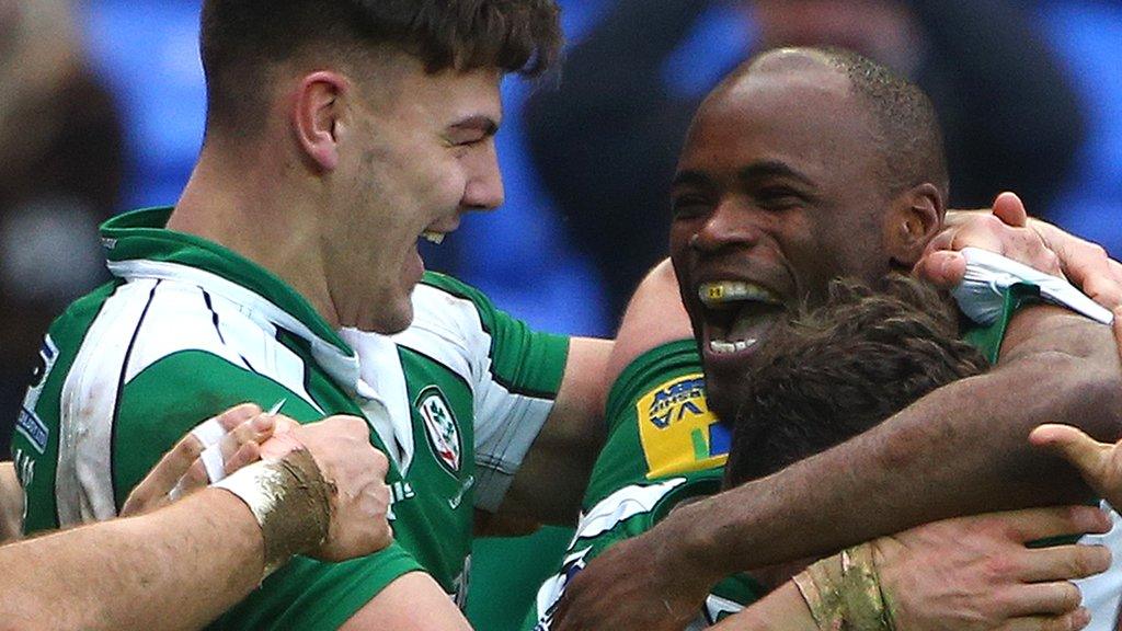 London Irish celebrate Topsy Ojo's try