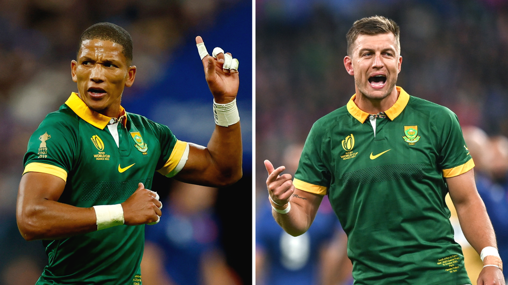 Composite image of Manie Libbok and Handre Pollard in green and gold South Africa kit