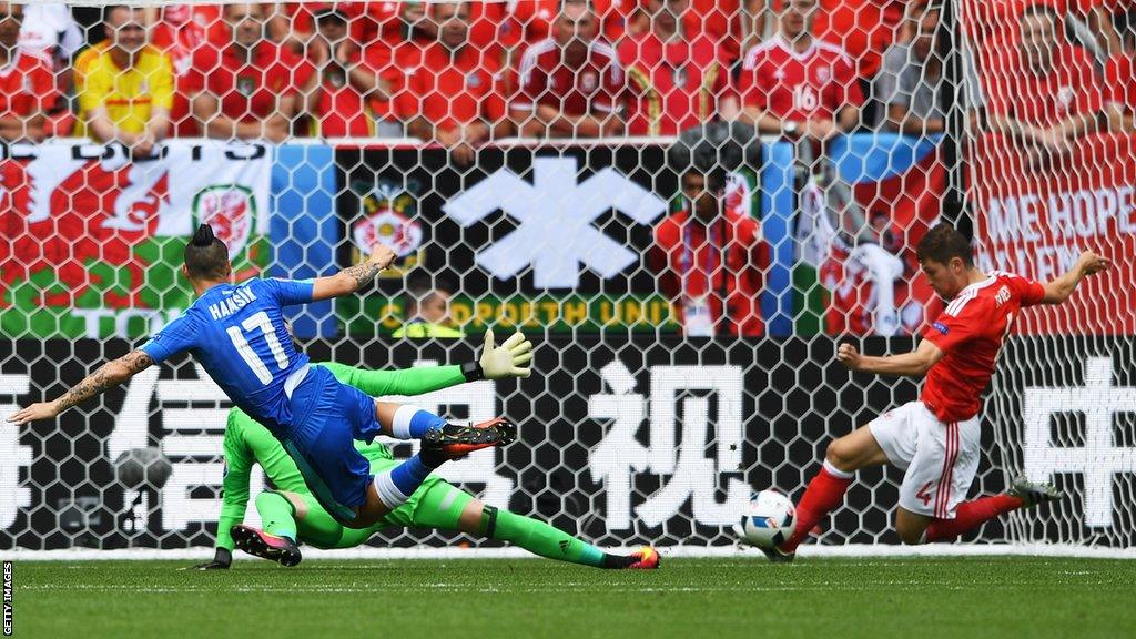 Ben Davies (right) blocks a shot from Slovakia's Marek Hamsik (left) at Euro 2016