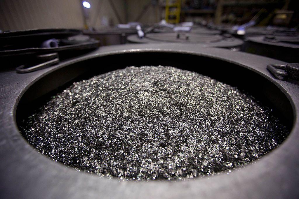 Annealed neodymium iron boron magnets sit in a barrel prior to being crushed into powder at Neo Material Technologies Inc.'s Magnequench Tianjin Co. factory in Tianjin, China, on Friday, June 11, 2010