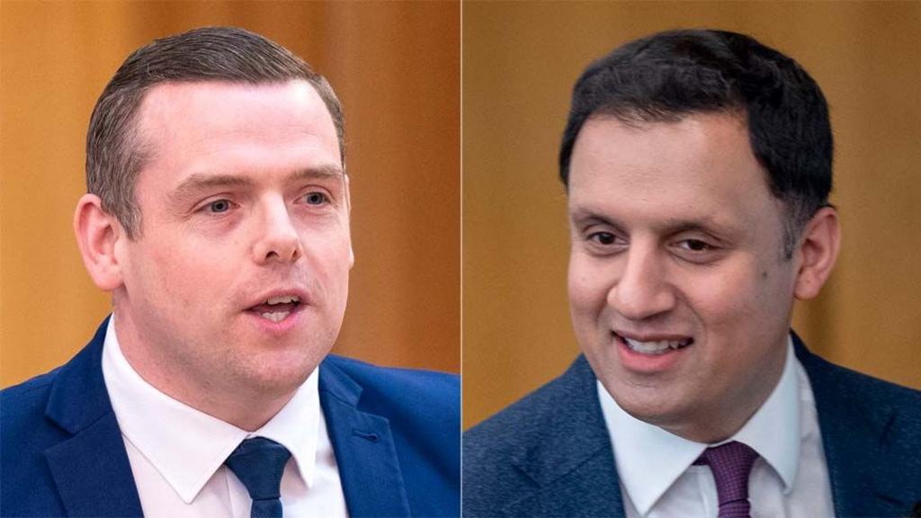 Separate images of Douglas Ross and Anas Sarwar in the Scottish Parliament