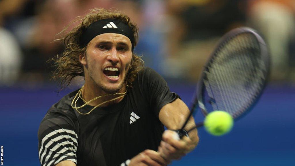 Alexander Zverev hits a return during his match against Jannik Sinner at the US Open