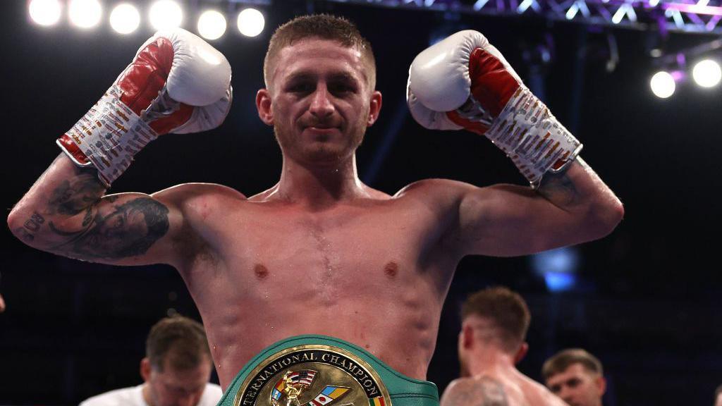 Southampton-based boxer Ryan Garner celebrates defeating Archie Sharp at the O2 Arena in London