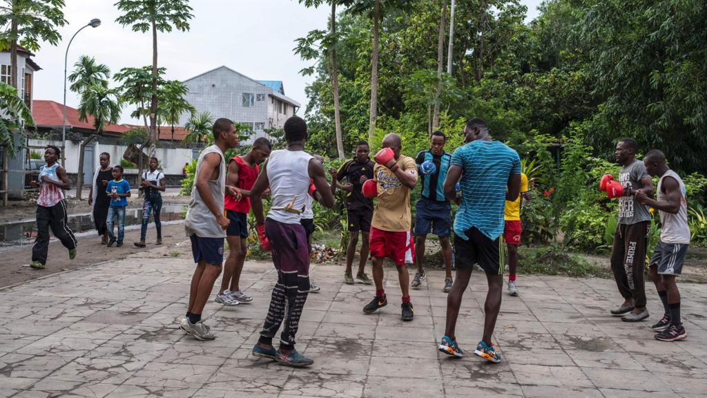 People practising boxing in Kinshasa, DR Congo