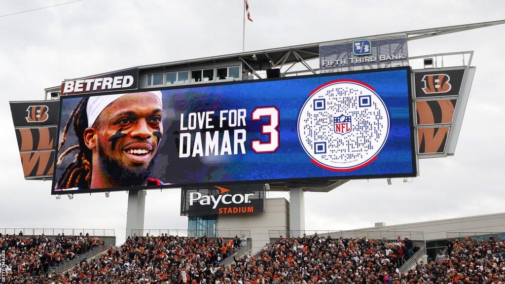 A picture of Damar Hamlin and the message 'Love for Damar 3' is displayed at the Cincinnati Bengals' Paycor Stadium