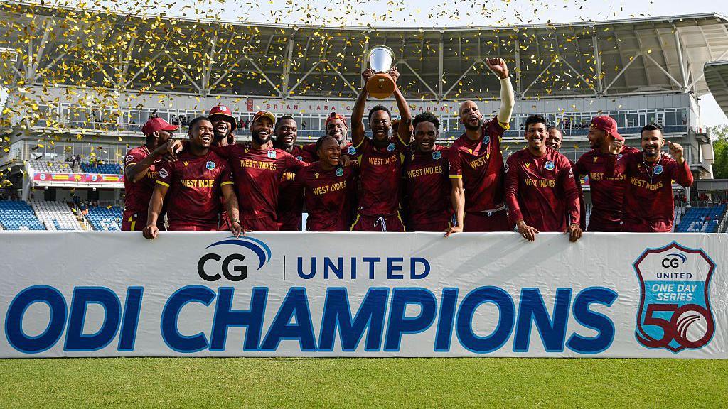 West Indies lift the trophy after beating Pakistan in a three-match ODI series