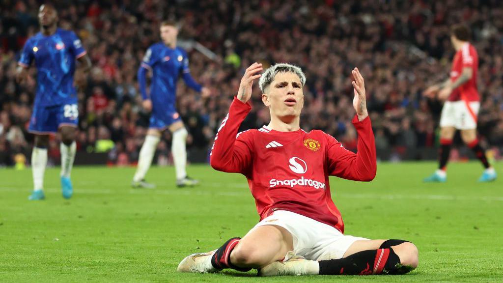 Alejandro Garnacho of Manchester United reacts to a missed chance during the Premier League match between Manchester United FC and Chelsea FC at Old Trafford