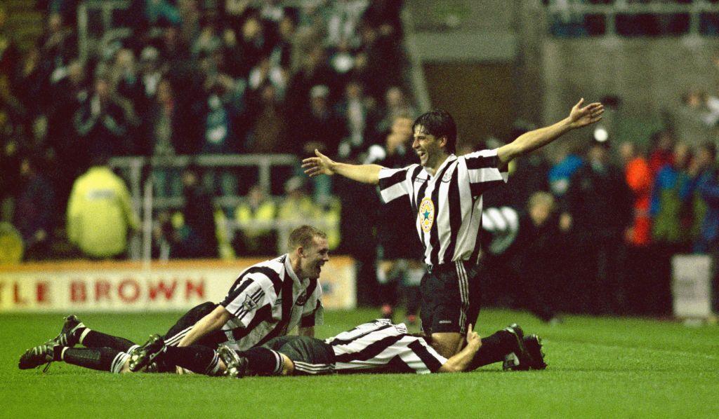 Philippe Albert celebrates his superb chip which rounded off Newcastle's 5-0 win over Manchester United in 1996