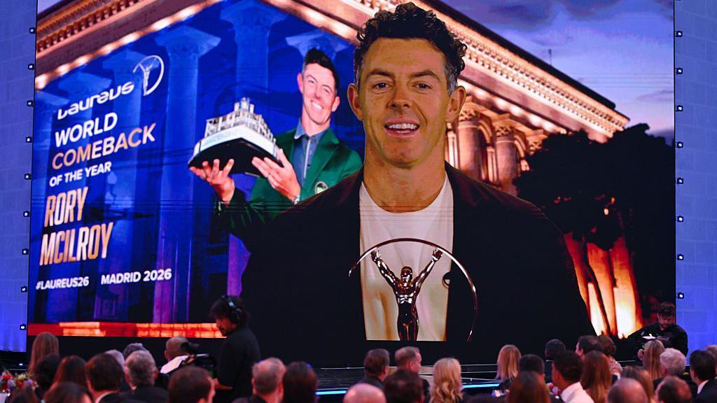Rory MacIlroy appears on a screen at the Laureus World Sports Awards.