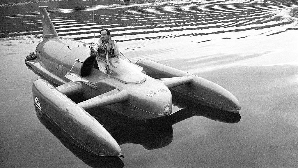 Donald Campbell takes 'Bluebird' on Coniston Water for the first time