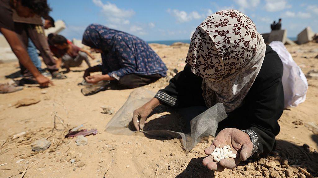 Palestinian women search the sand for legumes or rice in Nuseirat in the central Gaza Strip during an airdrop mission above the Israel-besieged Palestinian territory on August 5, 2025. The woman on the right has a beige headscarf with maroon flowers and a black dress on. The woman to the left of her has a blue head scarf on.