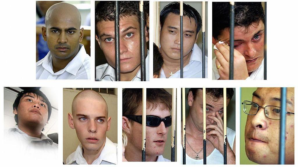 A composite images of headshots of the Bali Nine, some behind bars, and each wearing white clothes 