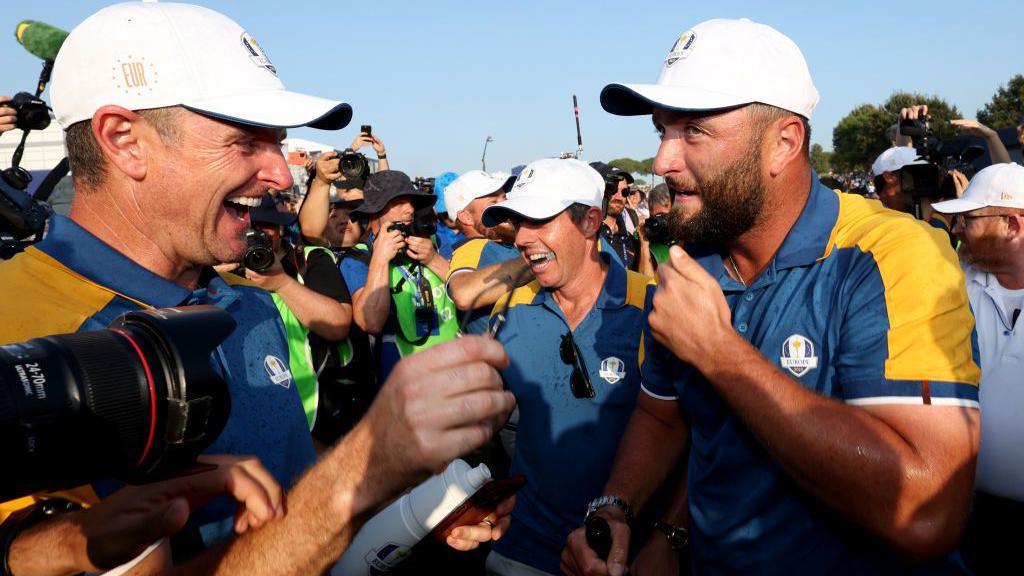 Justin Rose and Jon Rahm celebrate at the 2023 Ryder Cup