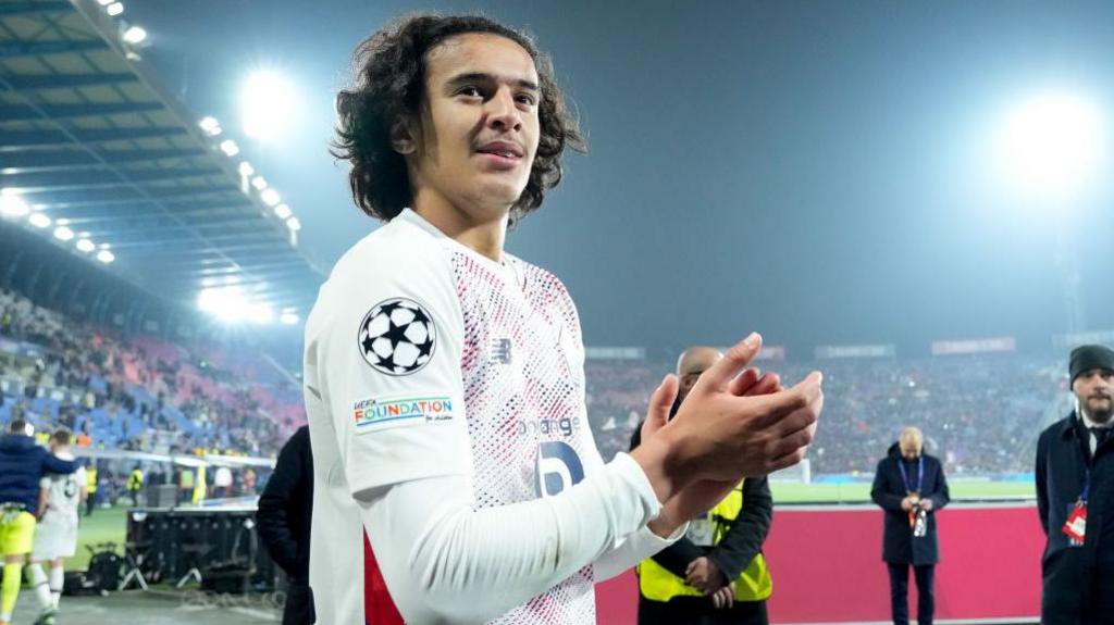 Ayyoub Bouaddi claps his hands after a Lille match in the Champions League