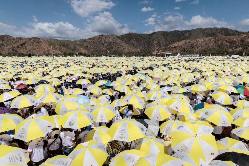 Hundreds of yellow-and-white umbrellas gathered tightly in a field with mountains in the background.