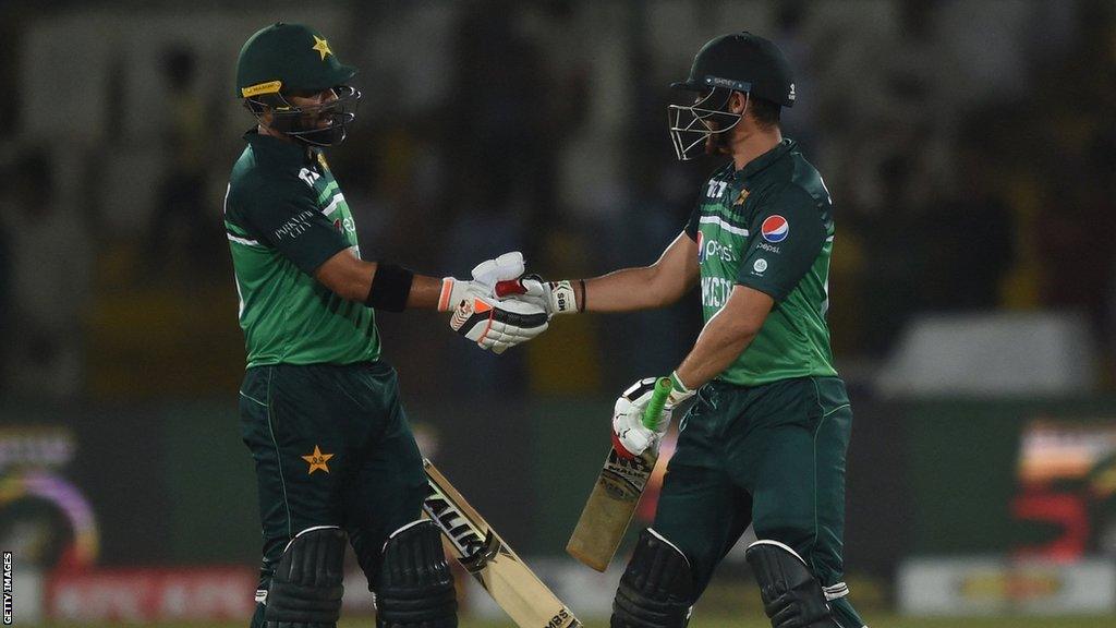 Pakistan's Iftikhar Ahmed and Agha Salman shake hands during the final ODI against New Zealand