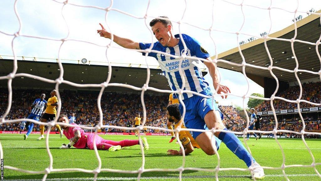 Solly March celebrates scoring in Brighton's 4-1 win over Wolves at Molineux