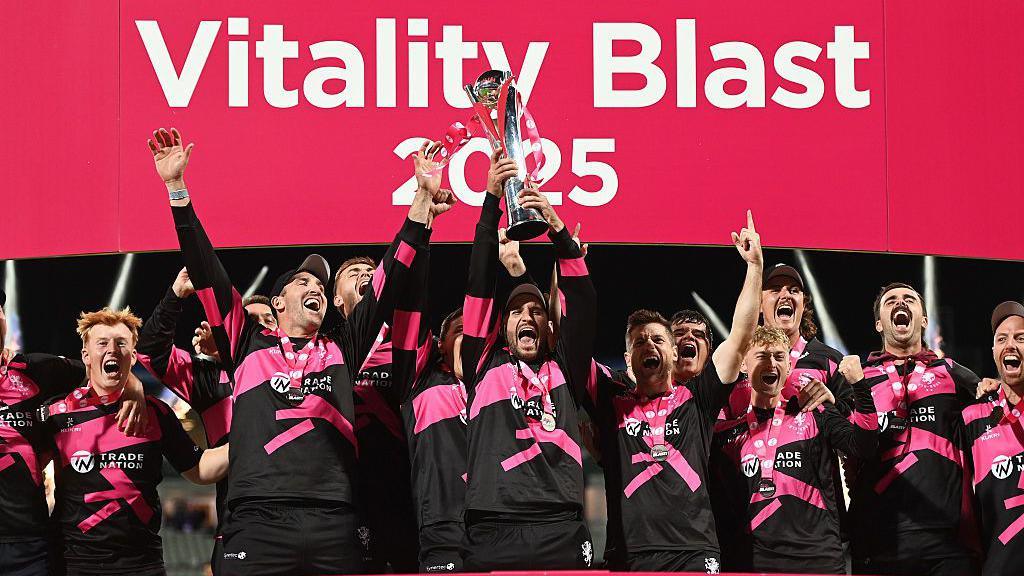 Somerset skipper Lewis Gregory lifts the T20 Blast trophy at Edgbaston in September 2025.