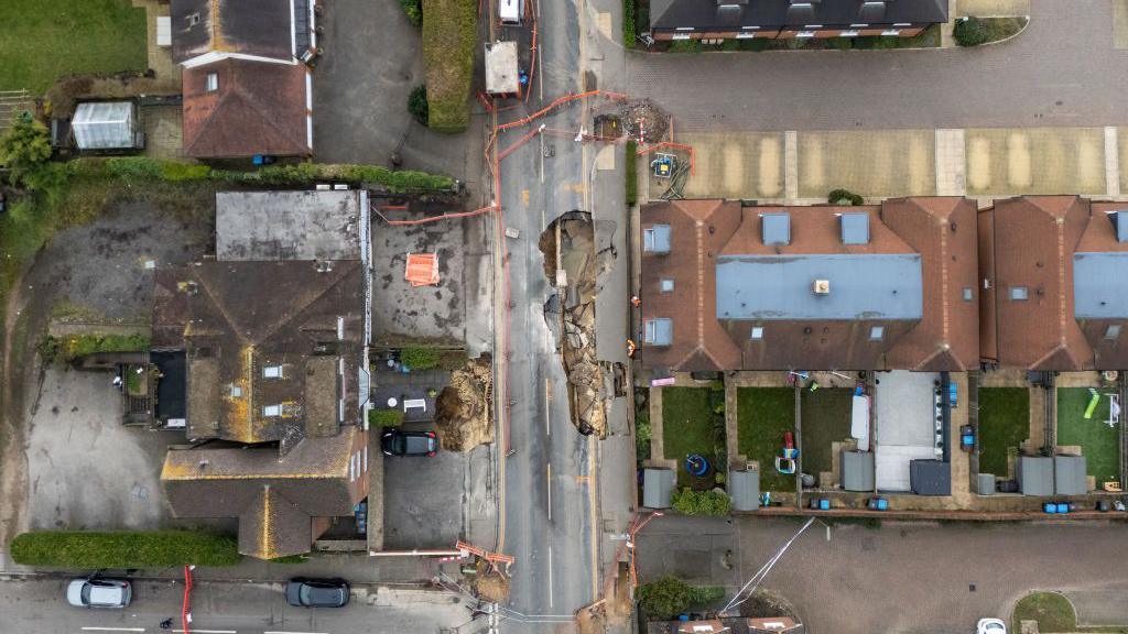  An aerial photograph shows a sinkhole in the road on February 19, 2025 in Godstone 