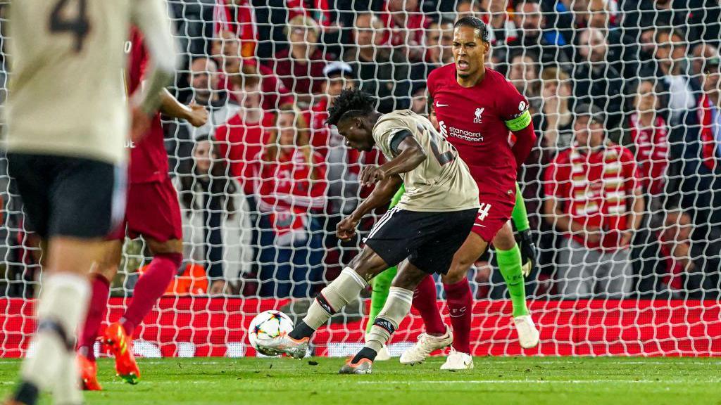 Mohammed Kudus scores for Ajax against Liverpool in a Champions League group match at Anfield in 2022