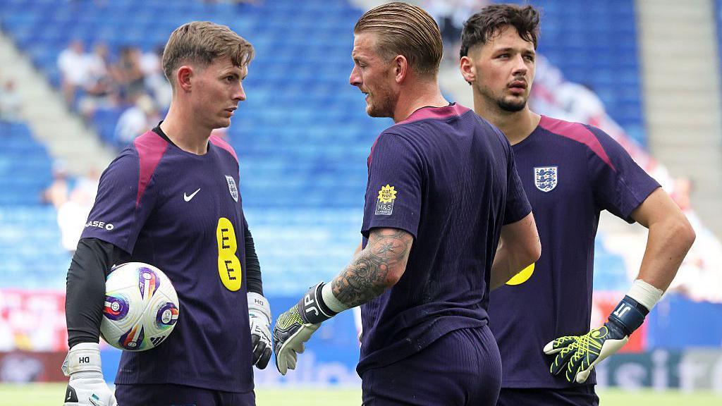 England goalkeeping trio (from left) Dean Henderson, Jordan Pickford and James Trafford train before the World Cup qualifier against Andorra in June 2025