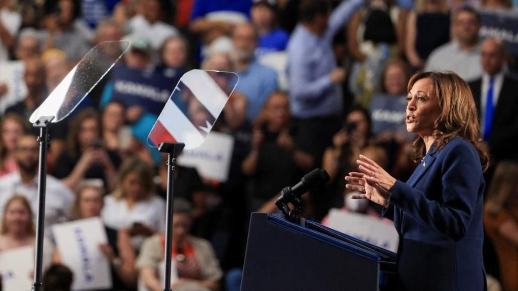 Description U.S. Vice President Kamala Harris delivers remarks during a campaign event, at West Allis Central High School, in West Allis, Wisconsin, U.S., July 23, 2024