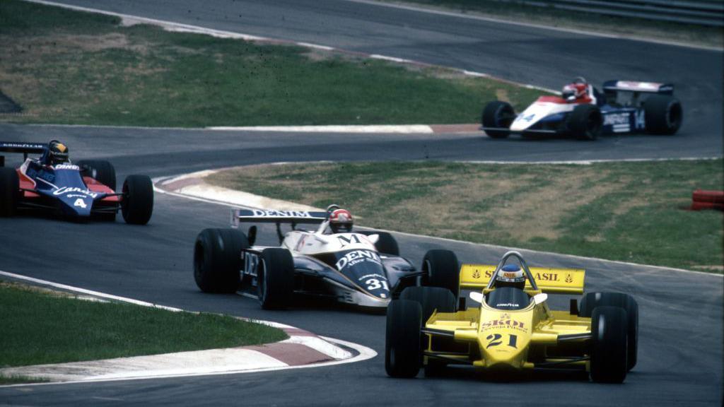 Keke Rosberg in the Fittipaldi-Ford F8, Eddie Cheever in the Osella-Ford FA1 Derek Daly in the Tyrrell-Ford 010 and Jan Lammers on track in Imola during the Italian Grand Prix in 1980