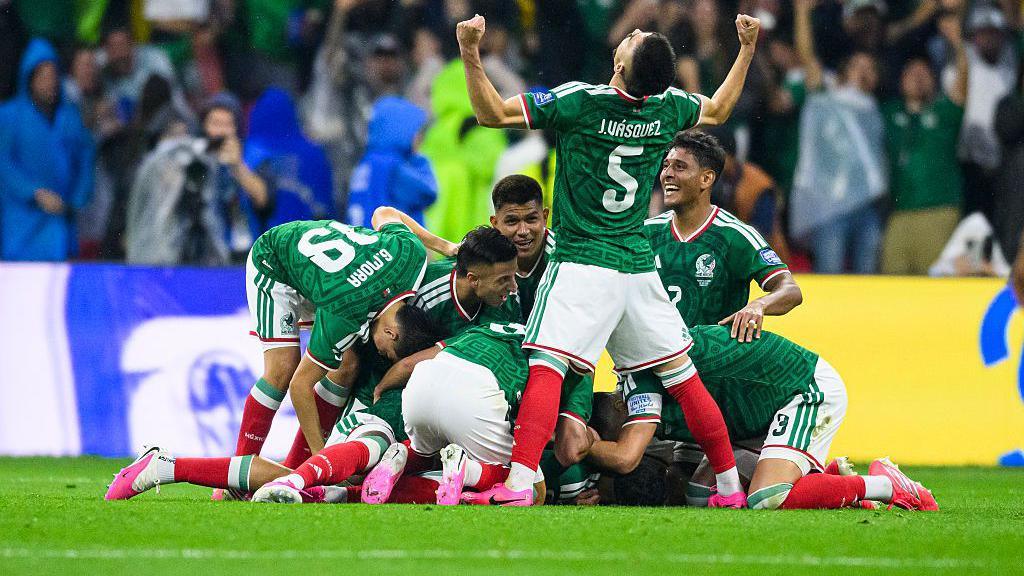 Mexico players celebrate after scoring against Ecuador at the Estadio Azteca during their 2026 FIFA World Cup match