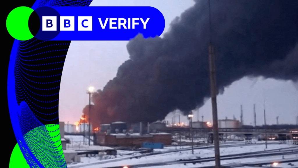 A Russian oil refinery on fire after a Ukrainian drone attack at Ryazan in March 2024