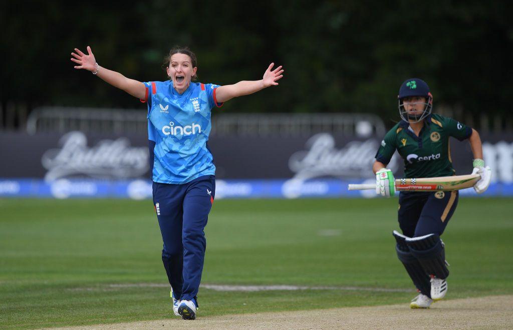 Kate Cross celebrates a wicket v Ireland