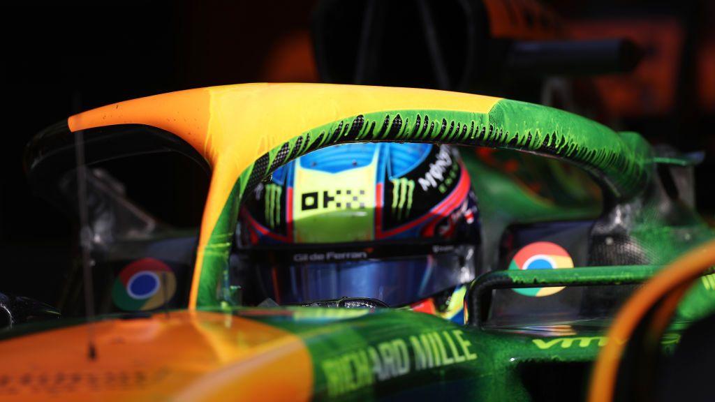 McLaren driver Oscar Piastri's car is covered in bright green flow-viz paint ahead of a Formula 1 practice session.