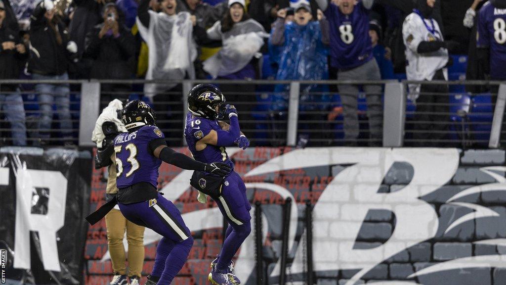 Baltimore Ravens Tylan Wallace celebrates his winning touchdown against the Los Angeles Rams