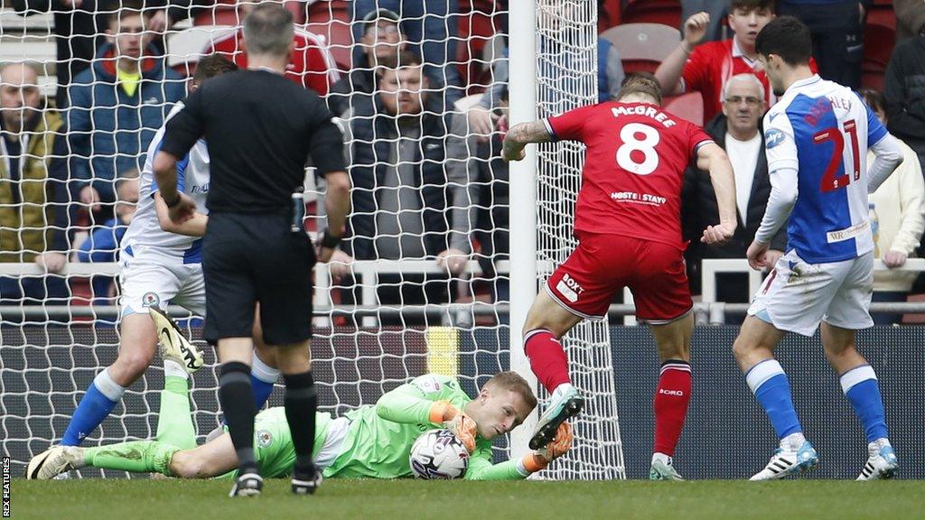 Blackburn Rovers Aynsley Pears (1) saves at the feet of Middlesbrough's Riley McGree (8) during the EFL Sky Bet Championship match between Middlesbrough and Blackburn Rovers at the Riverside Stadium, Middlesbrough