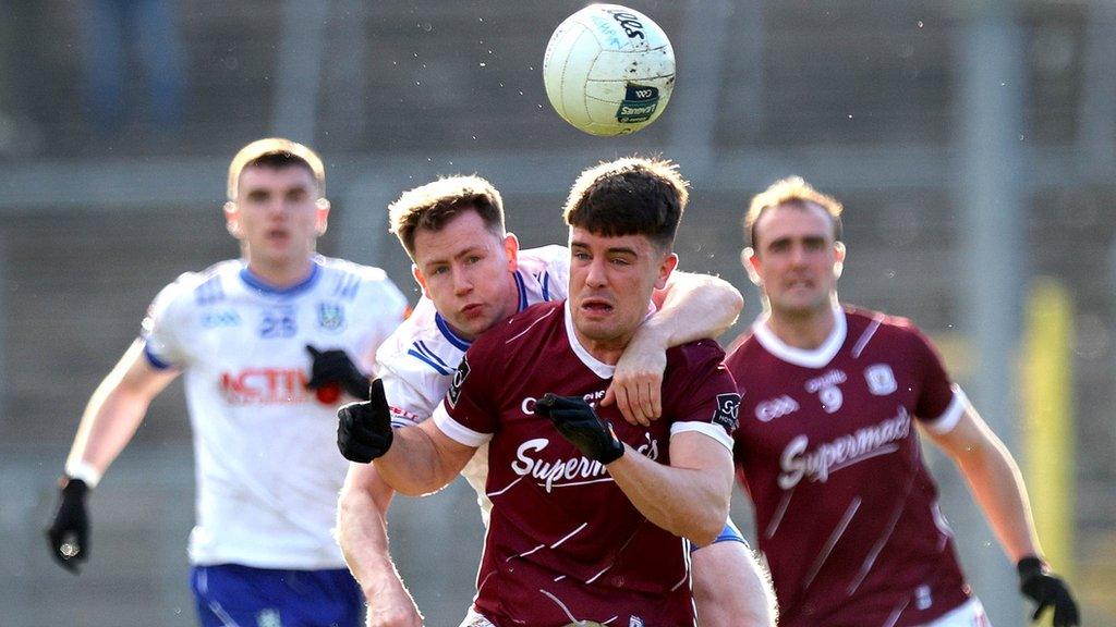 Galway captainn Sean Kelly battles with Monaghan's Karl O'Connell at Clones