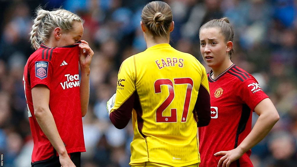 Manchester United's players react during the defeat by Manchester City in the Women's Super League