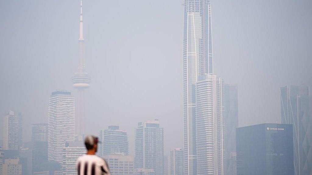 A man in a cap and a black and white vertical stripped shirt stands looking at a hazy Toronto skyline