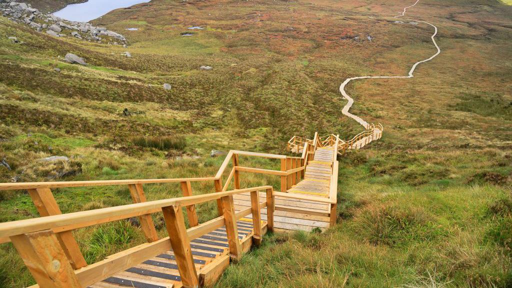 Cuilcagh Boardwalk Trail, a long wooden staircase winding down through a green mountain.