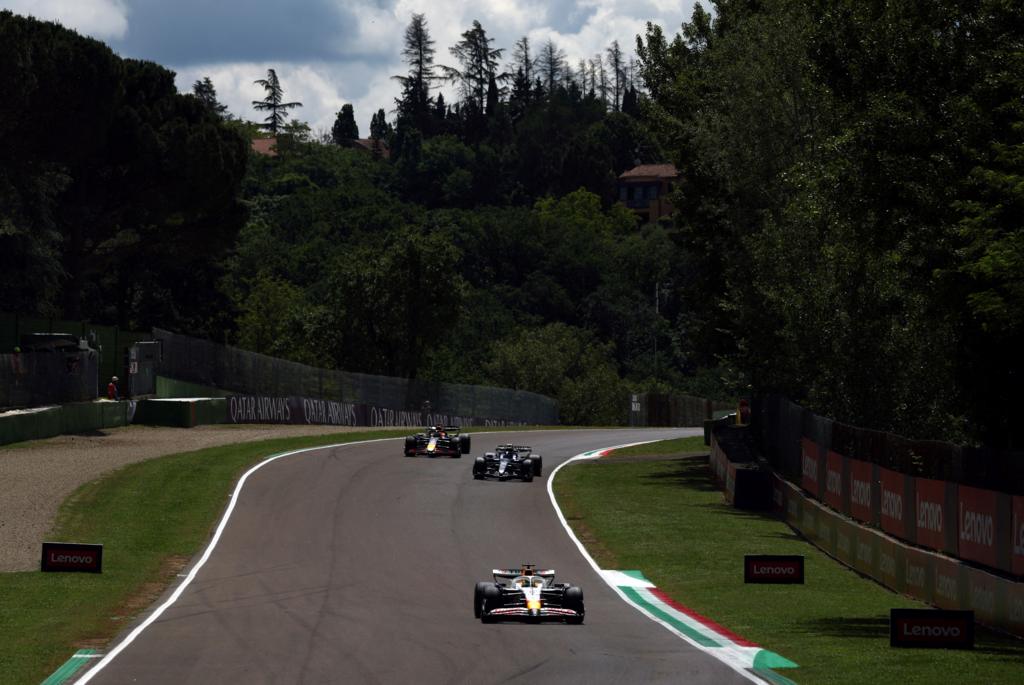 A general view of the Imola circuit during practice with a Racing Bulls, Red Bull and William on the track