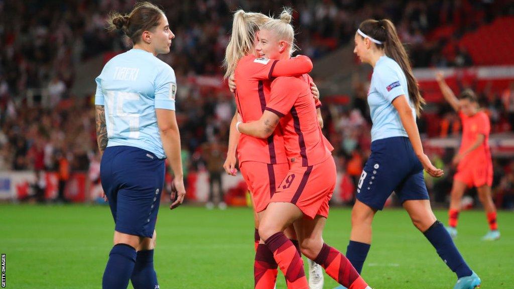 England celebrate a goal in 2023 Women's World Cup qualifying