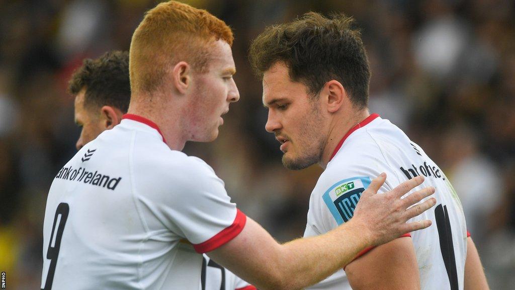 Nathan Doak congratulates Jacob Stockdale