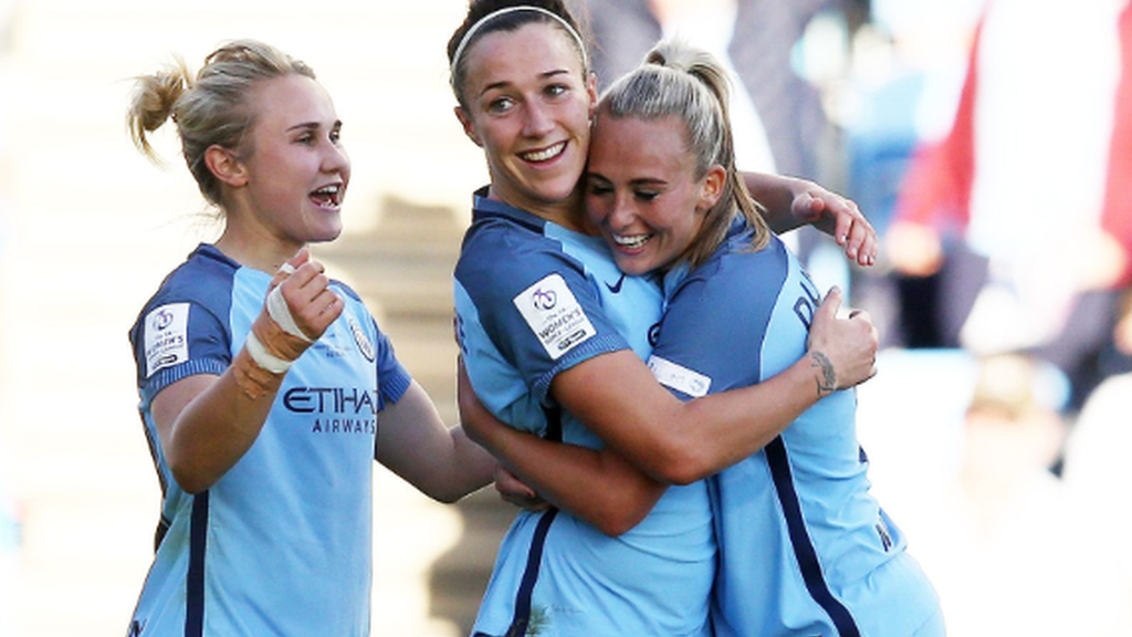 Lucy Bronze (centre) celebrates scoring the winner for Manchester City