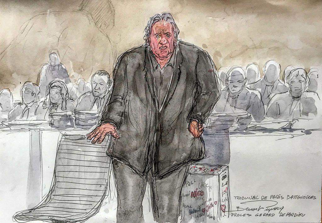 This court-sketch made on March 26, 2025 shows French actor Gerard Depardieu standing before the court in Paris during a hearing in his trial