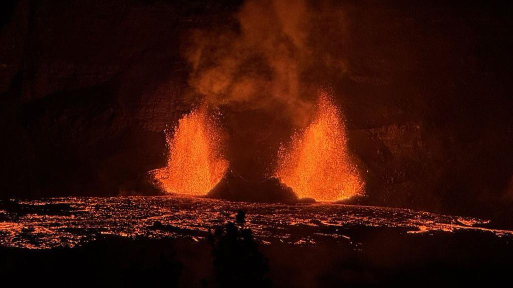 A view of the two vents erupting from the volcano