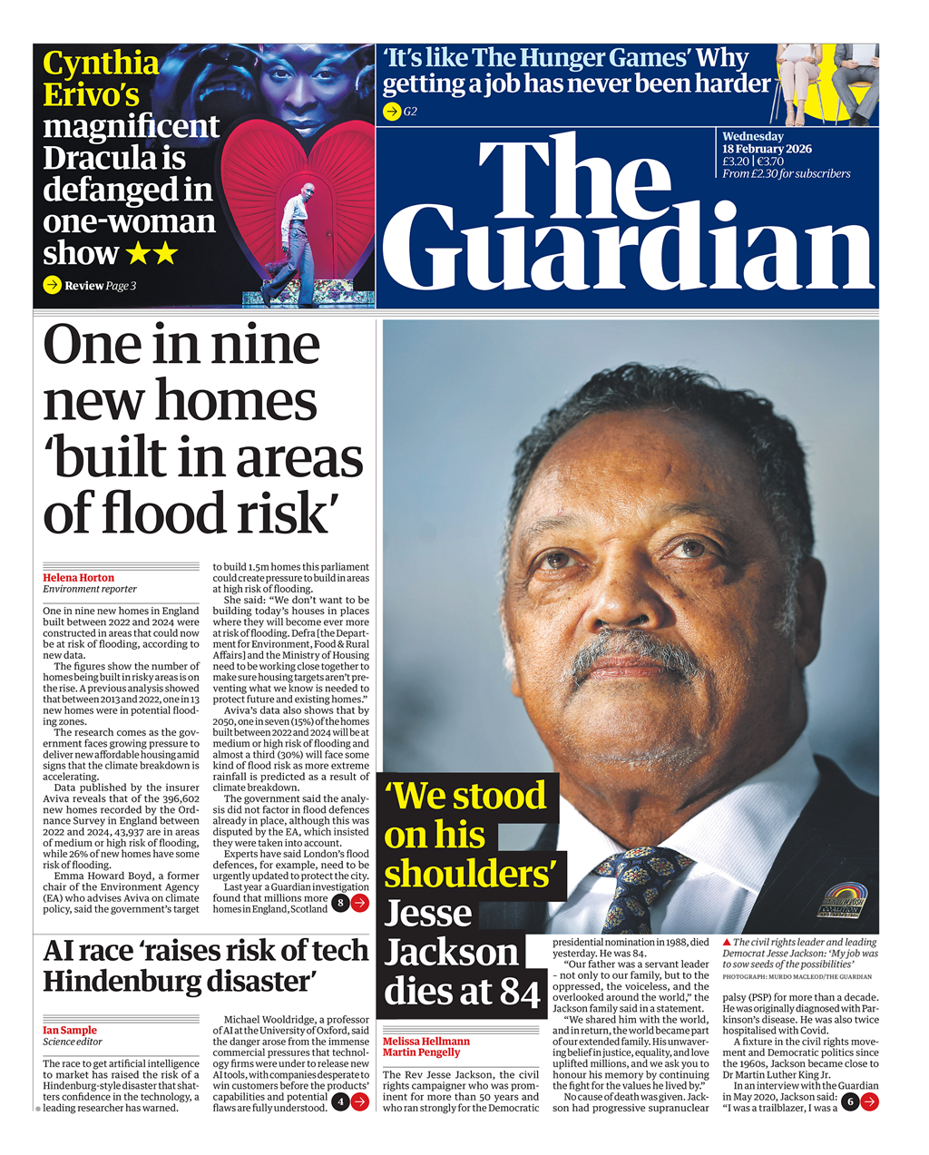 The front page of the Guardian reads: "One in nine new homes 'built in areas of flood risk'."