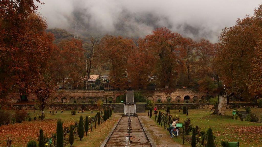 November 10, 2023, Srinagar Kashmir, India : A view of the Mughal Garden covered with fallen leaves as people visit. Autumn colours are reaching their peak with trees, particularly Chinar, changing their colours as the days are becoming shorter. (Photo by Firdous Nazir/Eyepix Group/Future Publishing via Getty Images)