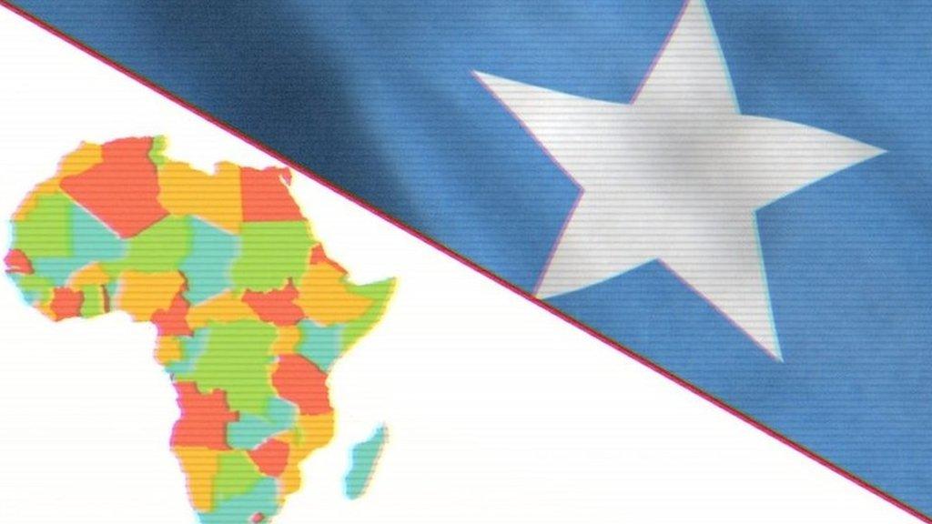 Split screen between map of Africa and a Somali flag