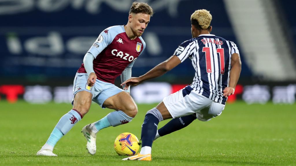 Matty Cash of Aston Villa and Grady Diangana of West Bromwich Albion