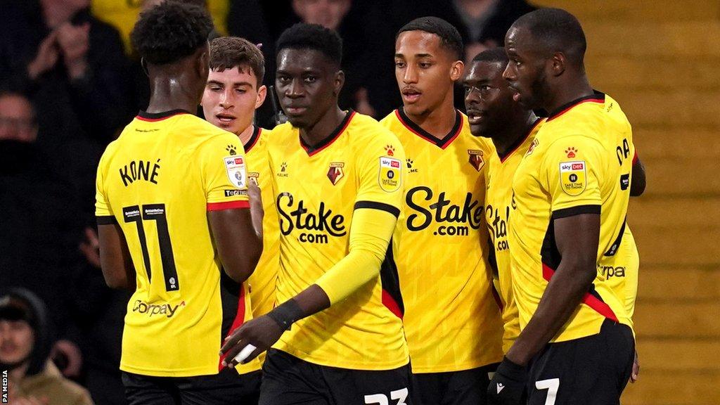 Watford celebrate Ken Sema's goal